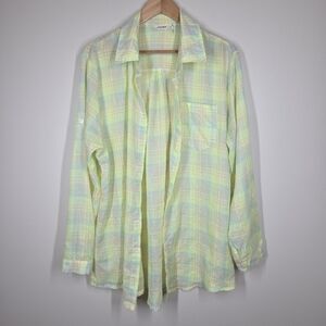 Adora Neon Yellow Orange Blue Plaid Shacket Top Button Up Lightweight Cotton 1X